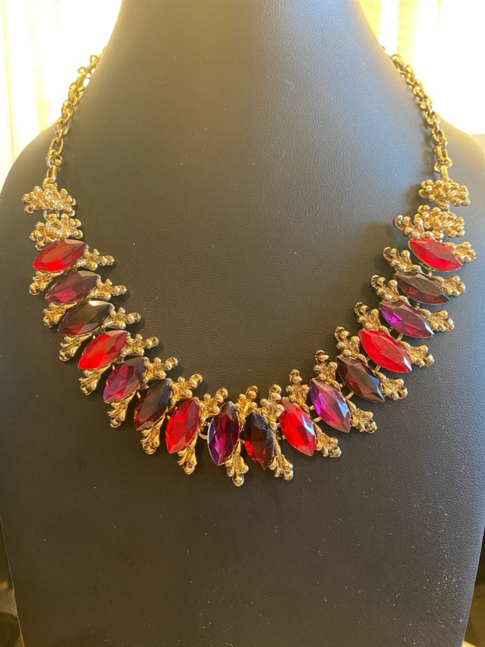 Vintage Gold Necklace with Red and Purple Marquise Crystals